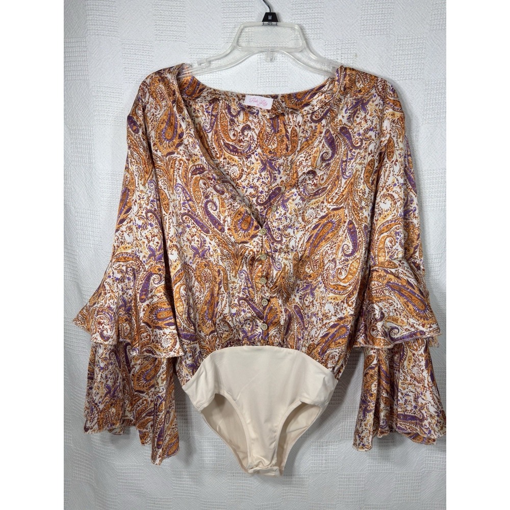 Pink Lily Women's Paisley Print Body Suit Flare Long Sleeve Size‎ XS